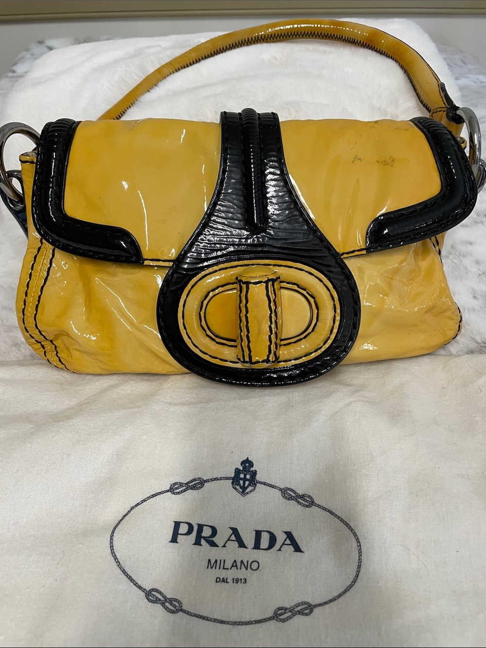 Prada Yellow and Black Patent Leather Shoulder Bag